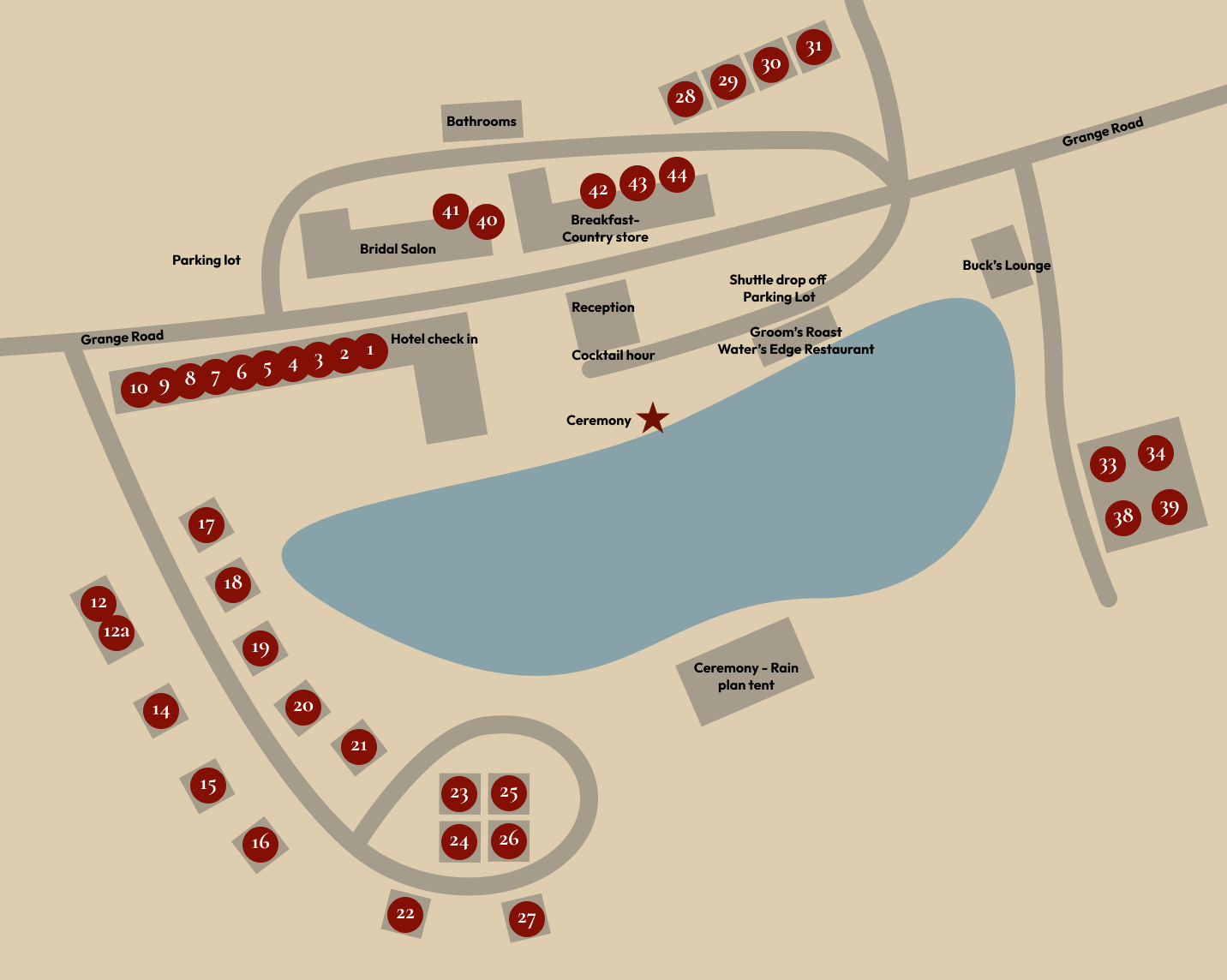 Map of Grange Valley Lakeside Inn & Winery showing parking, hotel check-in, ceremony site, reception areas, and numbered guest cabins.